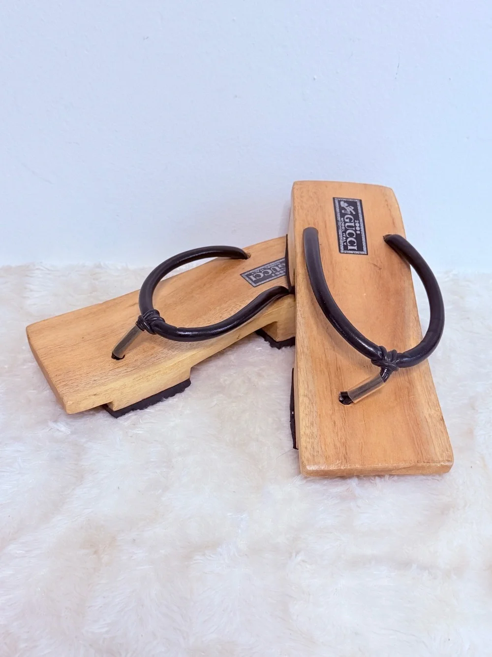 Gucci Brown Leather-Trim Wooden Sandals RARE Size 7